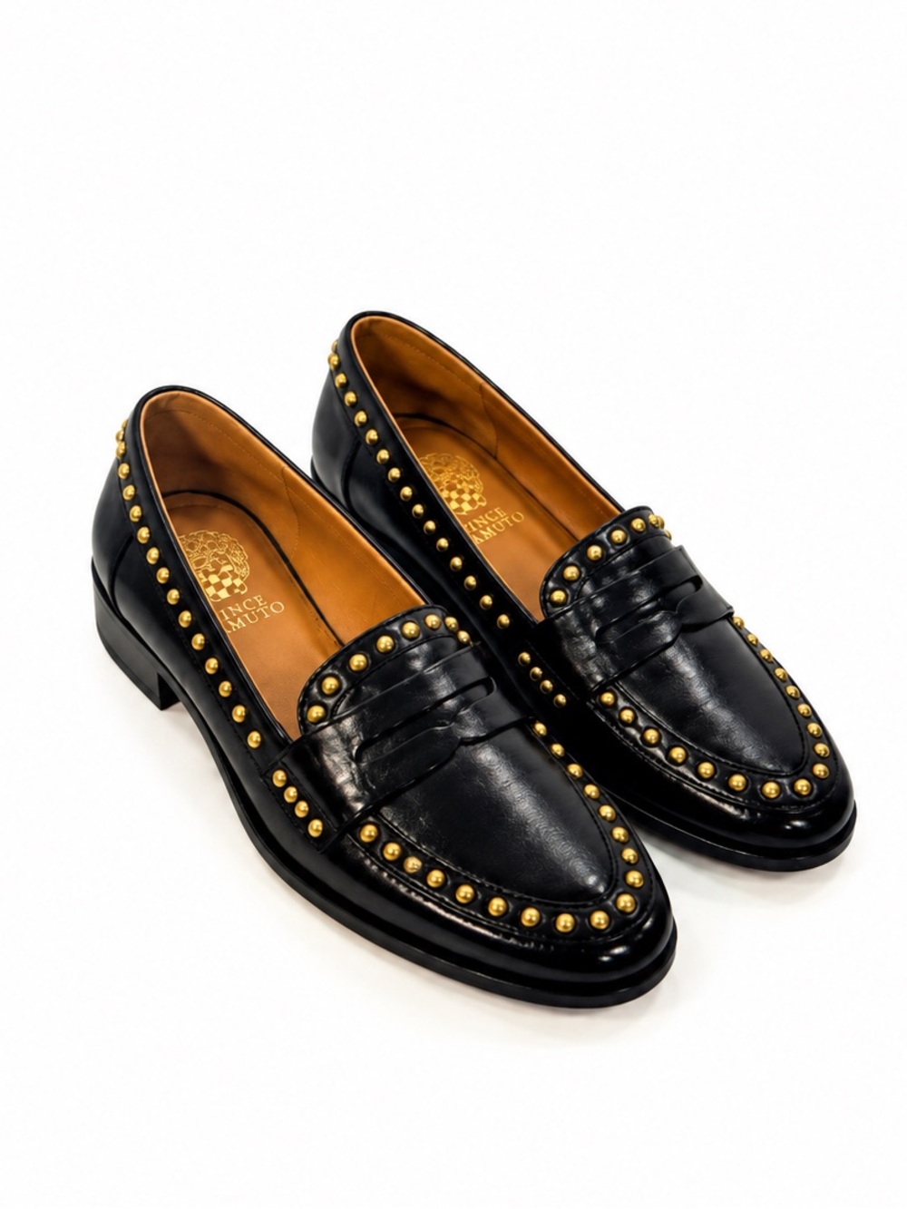 Vince Camuto Black Leather Studded Penny Loafers with Gold Studs